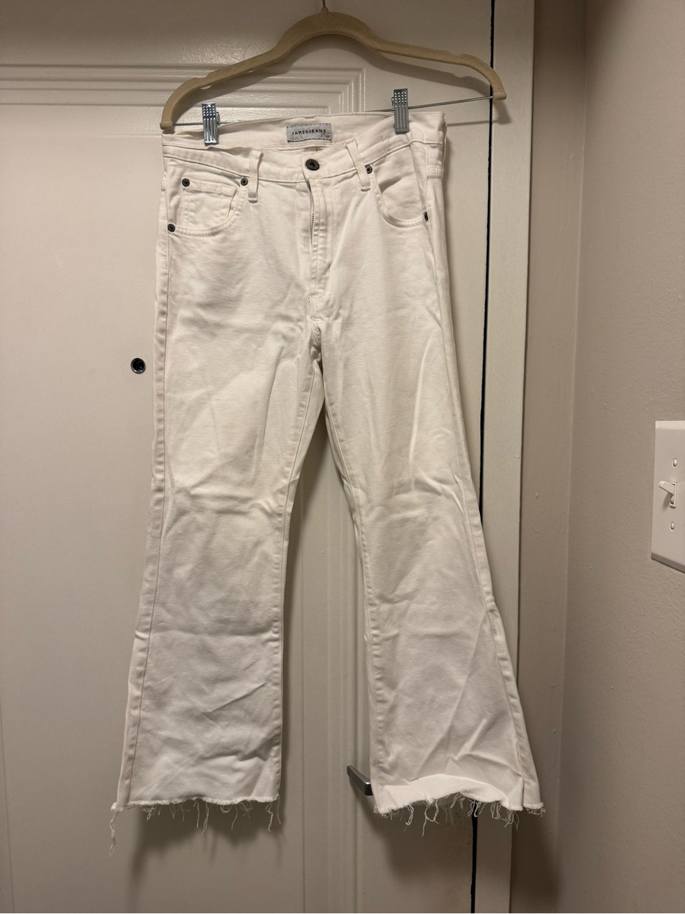 James Jeans White Cropped Raw-Hem Flare Jeans